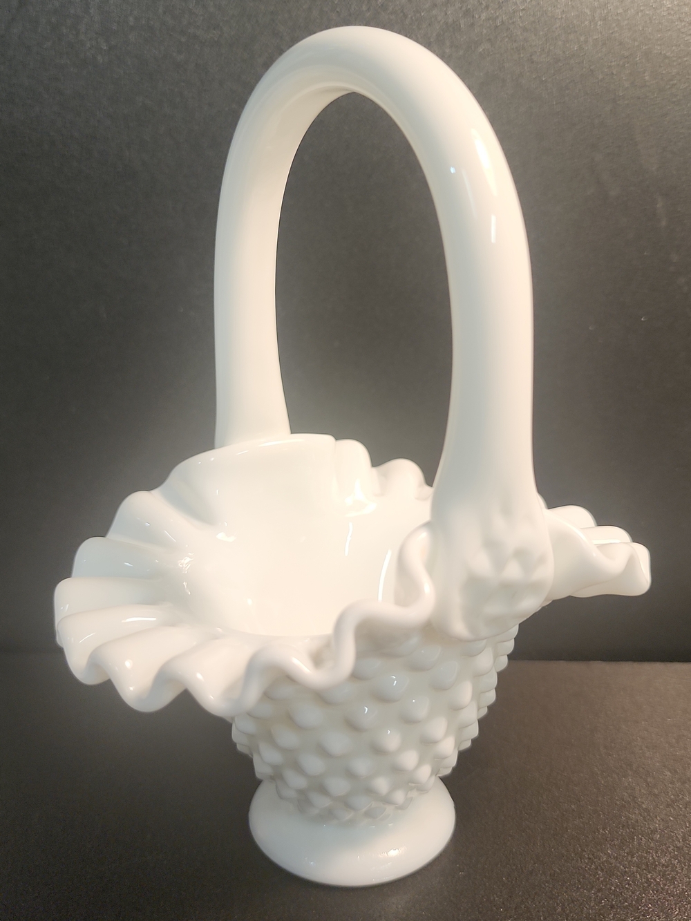 Vintage Fenton Hobnail Ruffled Basket White Opalescent Glass Signed